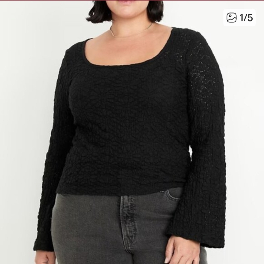 NWT Sz XXL Old Navy Black Sheer Textured Blouse Bell Sleeves Some Stretch